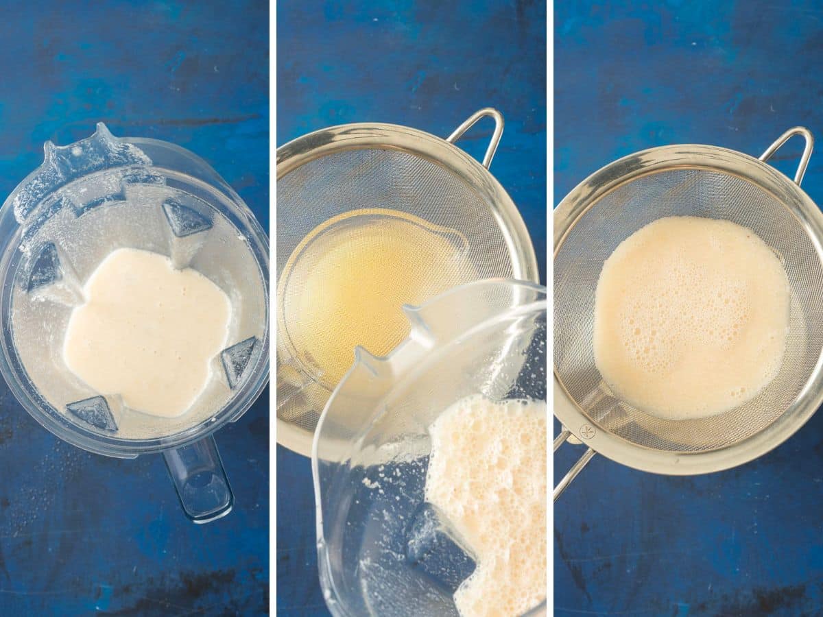 Blender straining almond milk into a mesh sieve over a bowl, shown in a three-step process, reminiscent of the refreshing simplicity seen when crafting homemade lemonade.