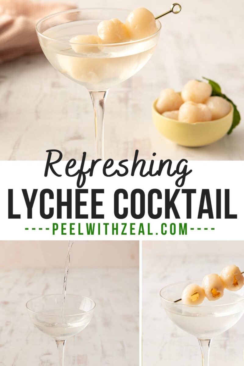 Glass of lychee martini with skewered lychees, a bowl of fresh lychees, and the text "Refreshing Lychee Cocktail" on a wooden surface.