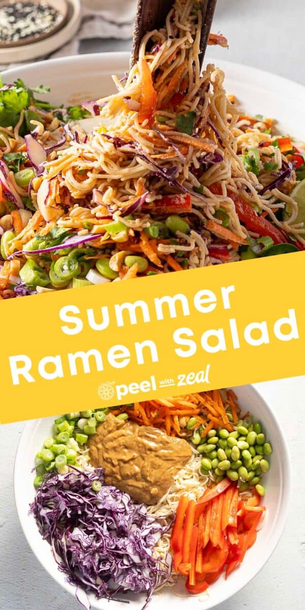 A vibrant cold ramen noodle salad featuring cabbage, edamame, red peppers, and carrots tossed in a creamy dressing fills a large white bowl. Text overlay reads: "Summer Ramen Salad.