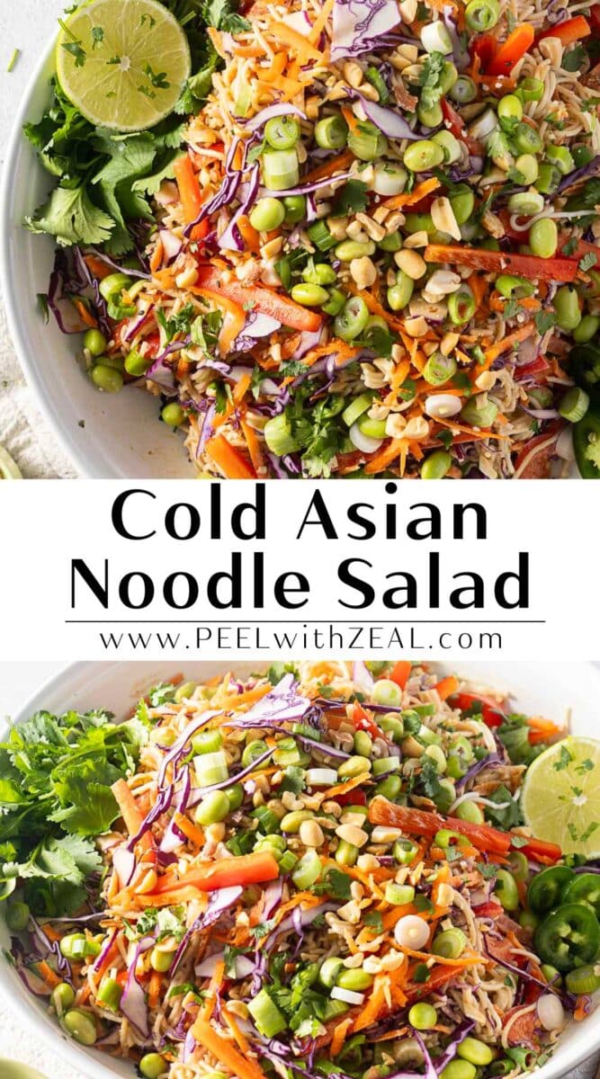 Bowl of cold ramen noodle salad with crisp vegetables, garnished with lime and herbs.