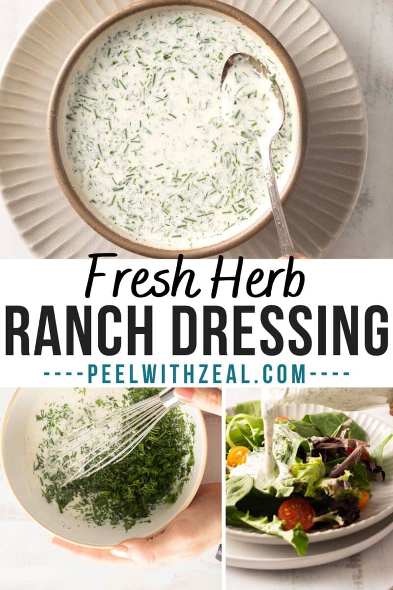 A bowl of creamy buttermilk ranch dressing, with a spoon beside a fresh salad, and a whisk gently mixing herbs into the dressing.