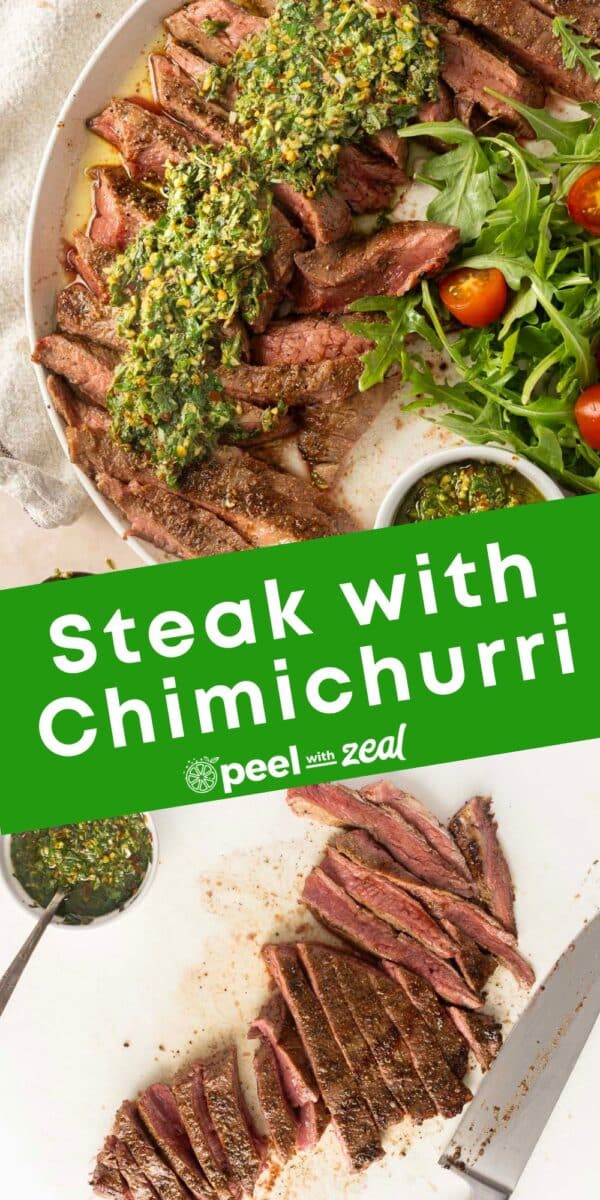 Flank steak with chimichurri sauce graces the plate, accompanied by a vibrant bed of arugula and juicy cherry tomatoes.