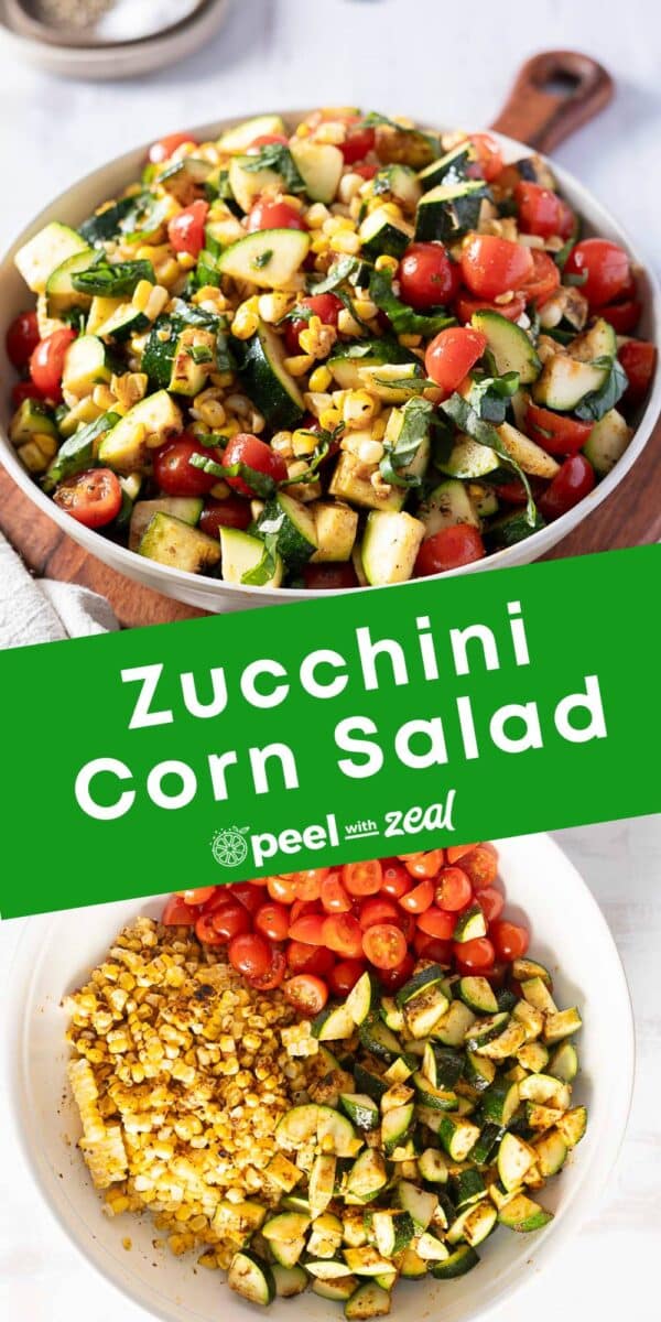 Bowls of corn and zucchini salad featuring fresh tomatoes, sweet corn, and fragrant herbs.