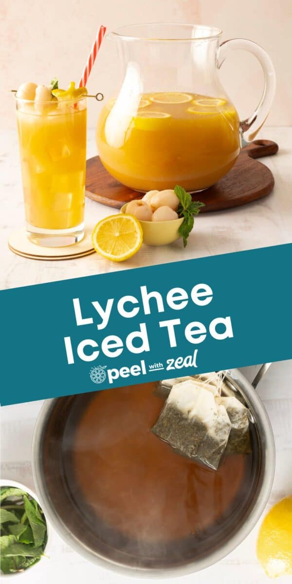 Pitcher and glass of refreshing lychee iced tea adorned with lemon slices; a pot of freshly brewed tea sits below.