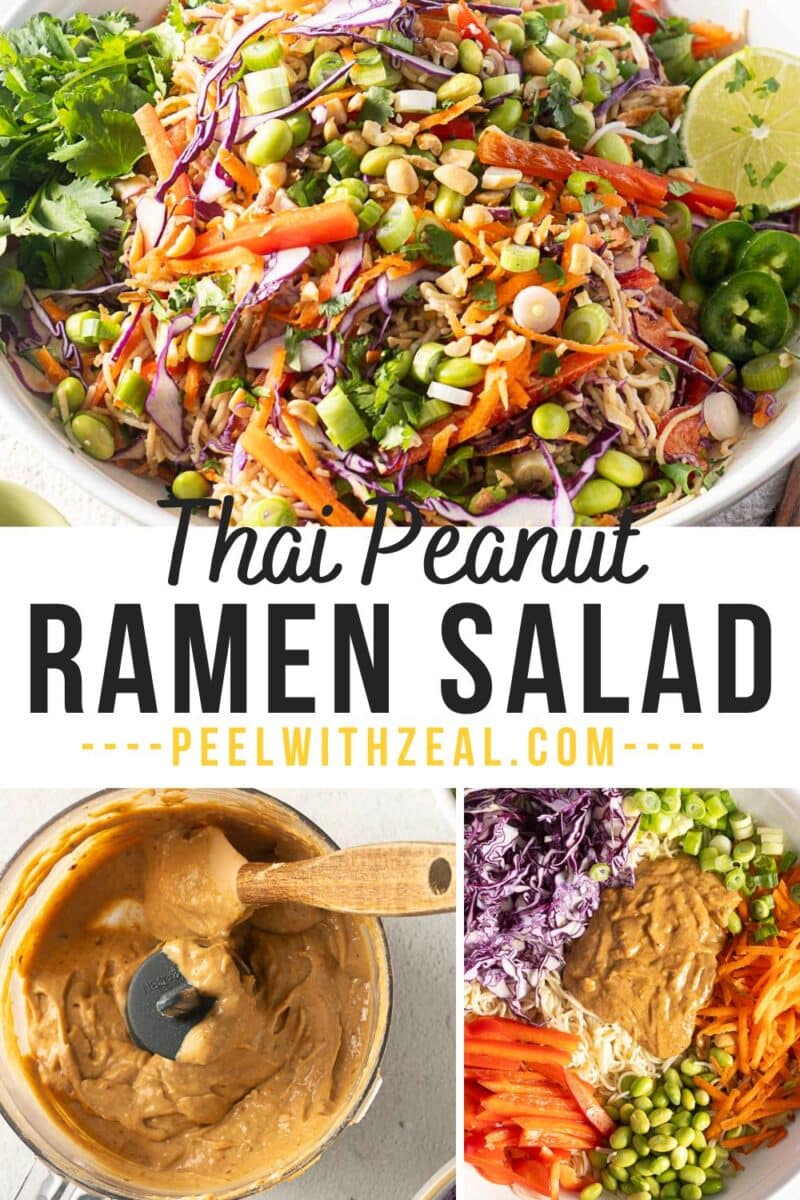 Colorful Thai peanut ramen salad with vibrant vegetables in a bowl, featuring cold ramen noodle salad tossed in a creamy peanut sauce. Ingredients and preparation details available at "Thai Peanut Ramen Salad - peelwithzeal.com.