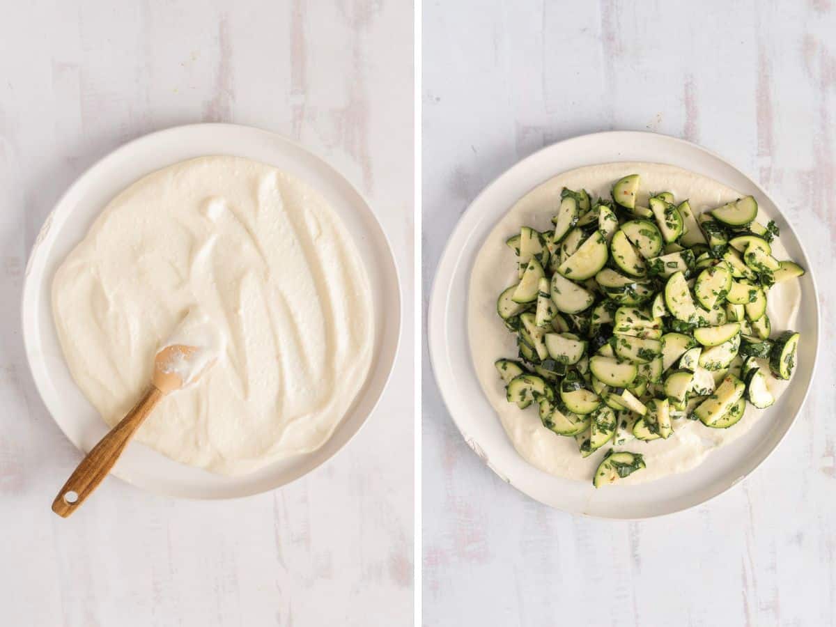 Left: Creamy sauce spread on a plate. Right: Zucchini salad with sliced zucchini and herbs beautifully arranged atop the sauce.