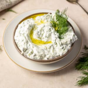 A bowl of creamy dip garnished with olive oil and fresh dill sits on a plate, with extra dill scattered nearby.
