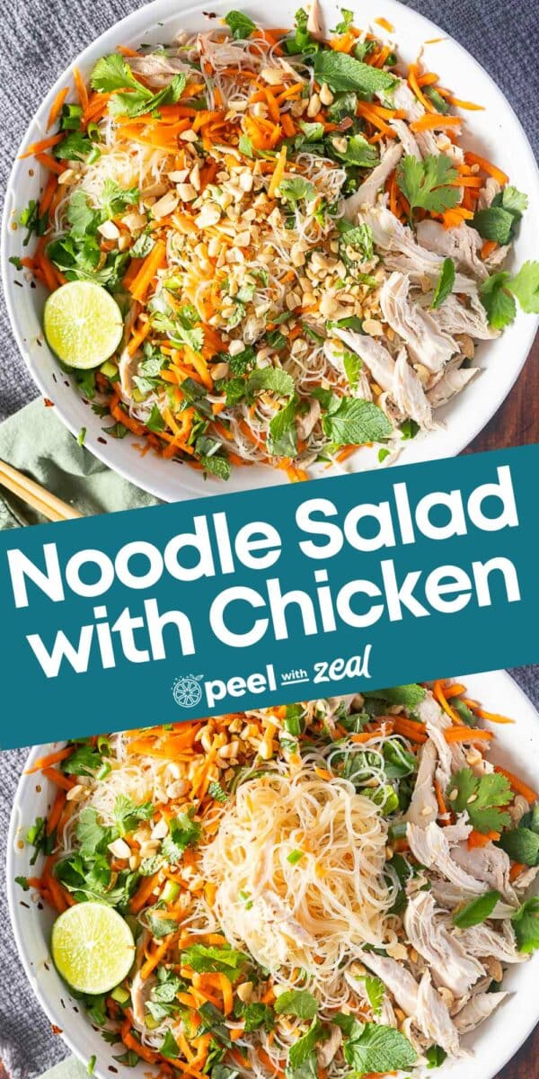 Bowl of rice noodle salad with shredded chicken, carrot, lettuce, peanuts, and lime wedges.