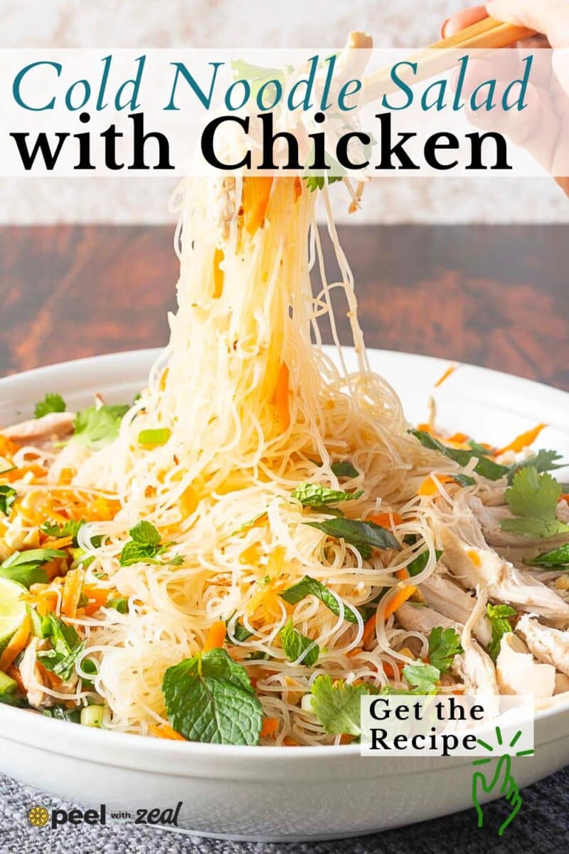 A bowl of refreshing rice noodle salad with shredded chicken, herbs, and vibrant vegetables. A hand lifts a portion with chopsticks. Text overlay reads "Cold Noodle Salad with Chicken. Get the Recipe!.