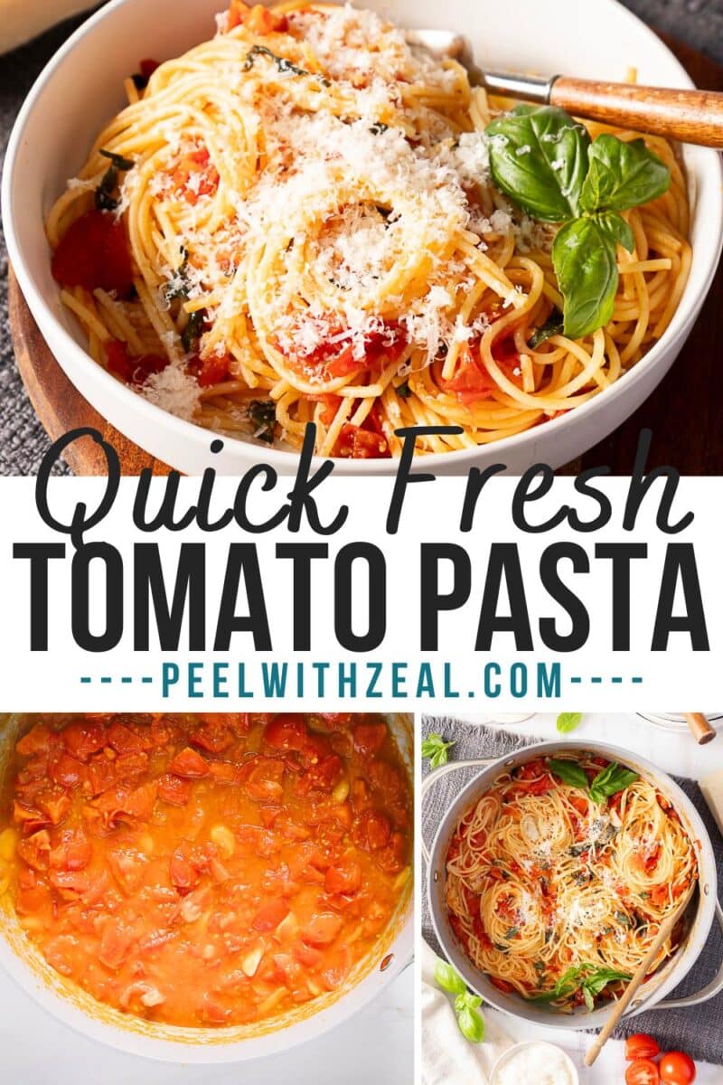 Bowl of spaghetti with tomato sauce, fresh basil, and grated cheese, shown with step-by-step cooking images