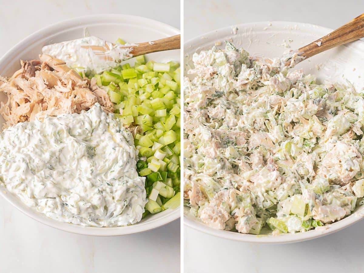 Two images show a bowl with shredded chicken, chopped celery, and creamy dressing before and after being mixed with a wooden spoon.
