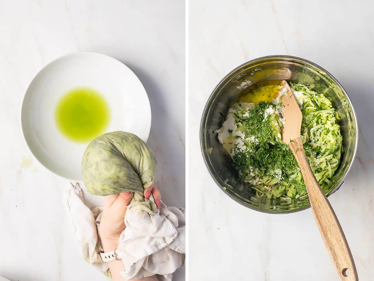 Left: Hand squeezing liquid from shredded zucchini in cloth over a bowl. Right: Bowl with shredded zucchini, herbs, and a spatula ready for mixing.