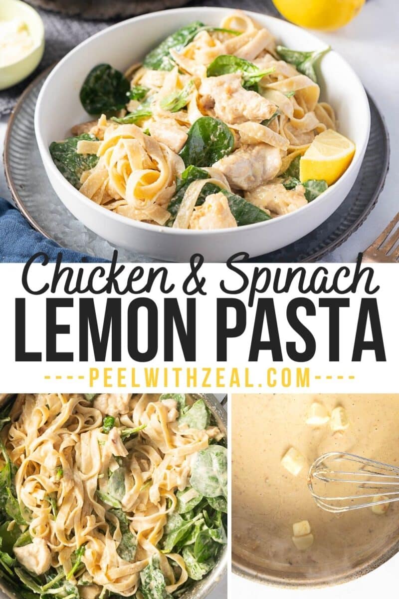 Enjoy a bowl of lemon chicken pasta featuring spinach, creamy sauce, and zesty lemon wedges.