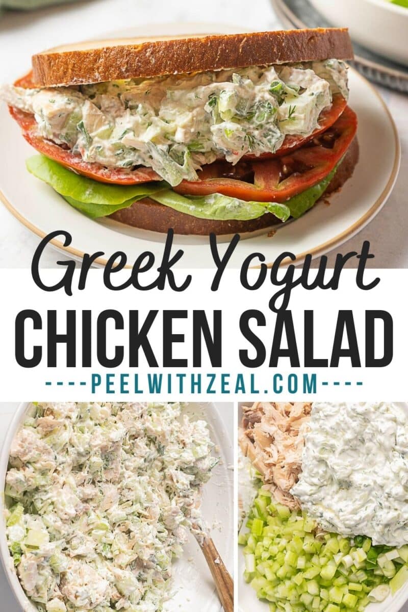 A Tzatziki chicken salad sandwich with lettuce and tomato on wheat bread, shown alongside images of the fresh salad ingredients and a website link for the full recipe.
