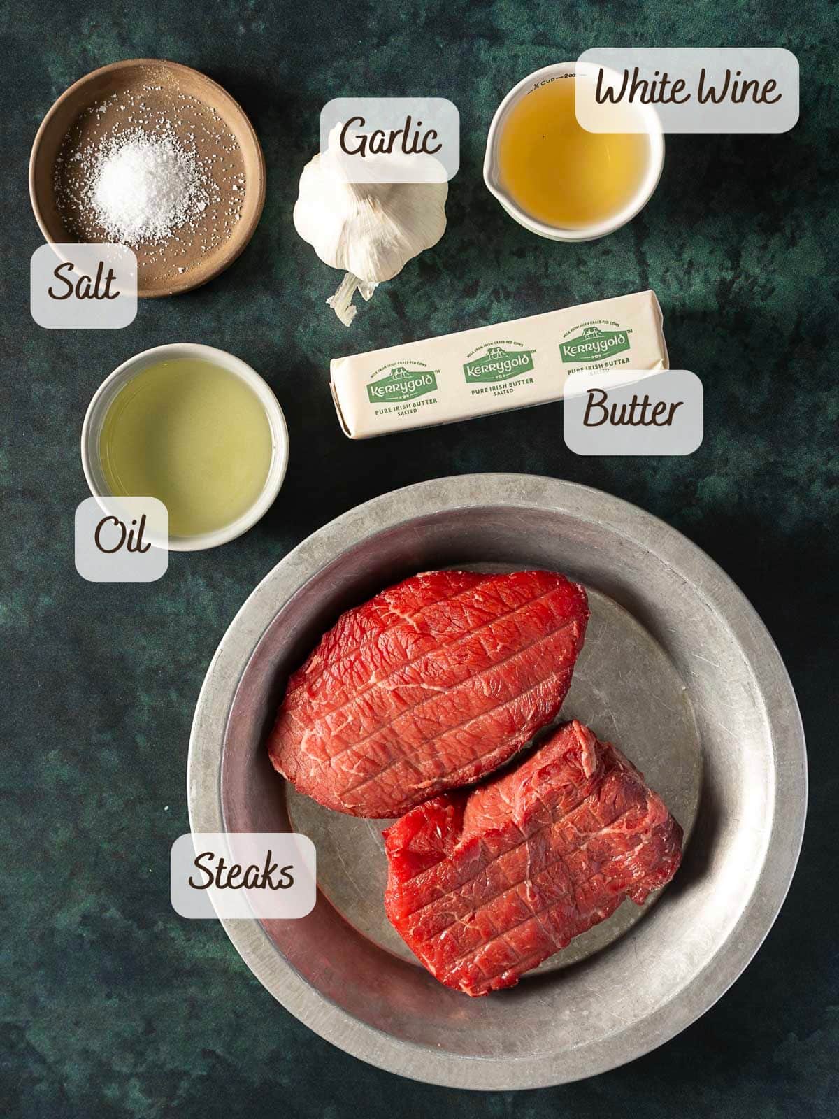 Top-down view of ingredients on a dark surface: two raw sirloin steaks, butter, a bowl of salt, garlic, oil, and white wine—perfect elements for crafting a buttery garlic steak—each labeled with text.