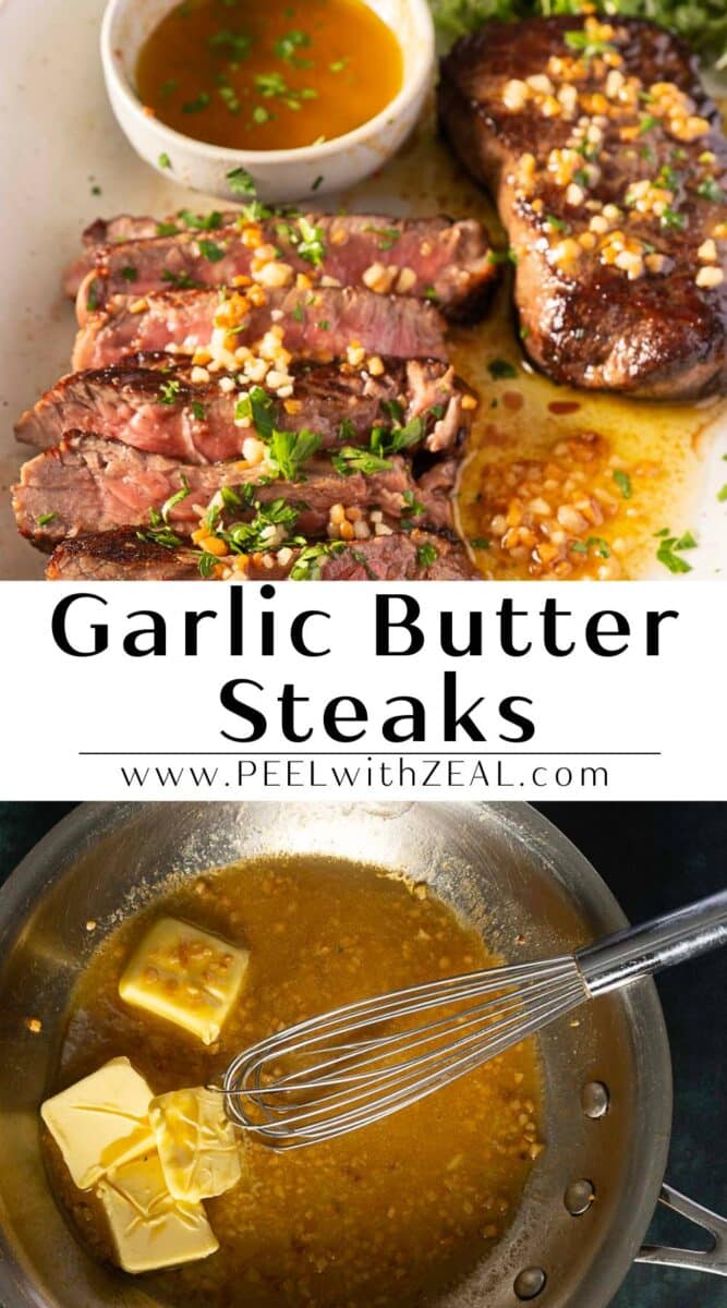 A plate of buttery garlic steak with herbs sits enticingly beside a bowl of sauce, accompanied by an image of butter, garlic, and a whisk in a pan.