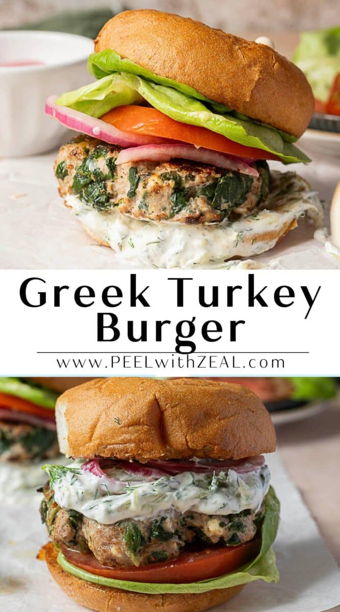 Two close-up images of spinach and feta turkey burgers with lettuce, tomato, red onion, and a creamy sauce on a bun, placed on parchment paper.