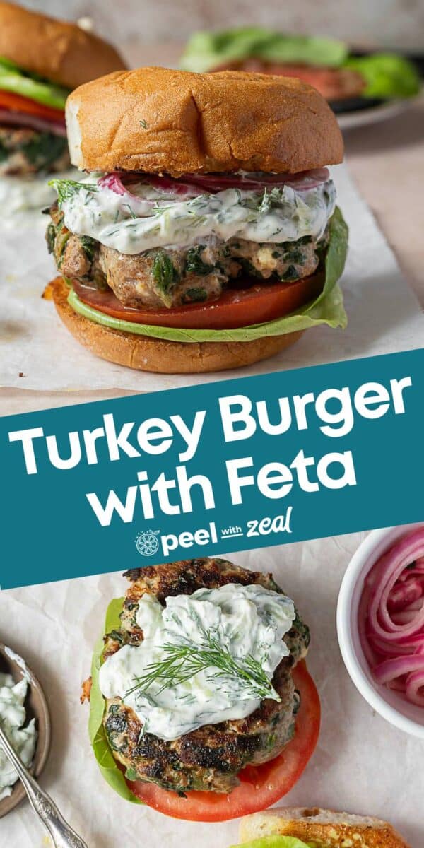 Spinach and feta turkey burgers with lettuce, tomato, red onion, and creamy sauce on a bun, shown close-up in a flat lay style.