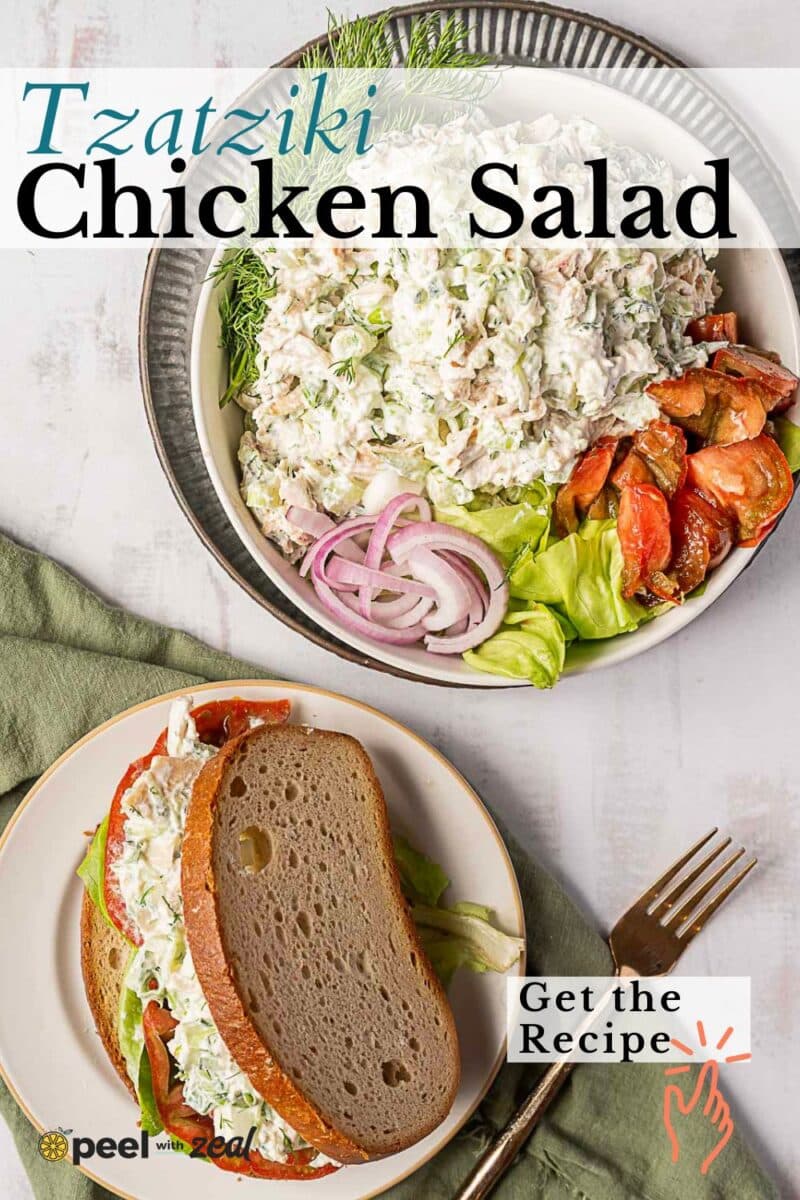 A bowl of creamy tzatziki chicken salad with fresh vegetables and herbs sits beside a plate featuring a chicken salad sandwich on rye, topped with onions and tomatoes. Text reads "Tzatziki Chicken Salad.