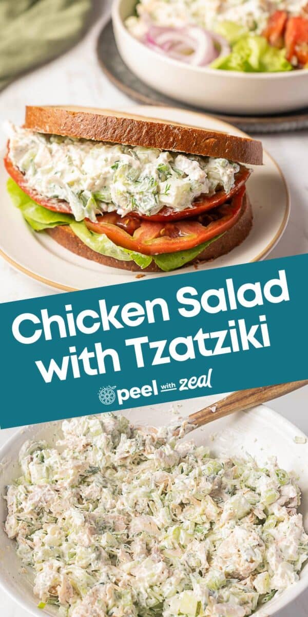 A Tzatziki chicken salad sandwich with lettuce and tomato on whole wheat bread sits on a plate; a bowl of tzatziki chicken salad is also shown.