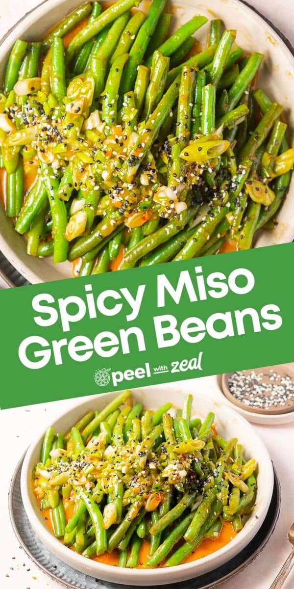 Two bowls of miso green beans garnished with sesame seeds and sliced green onions