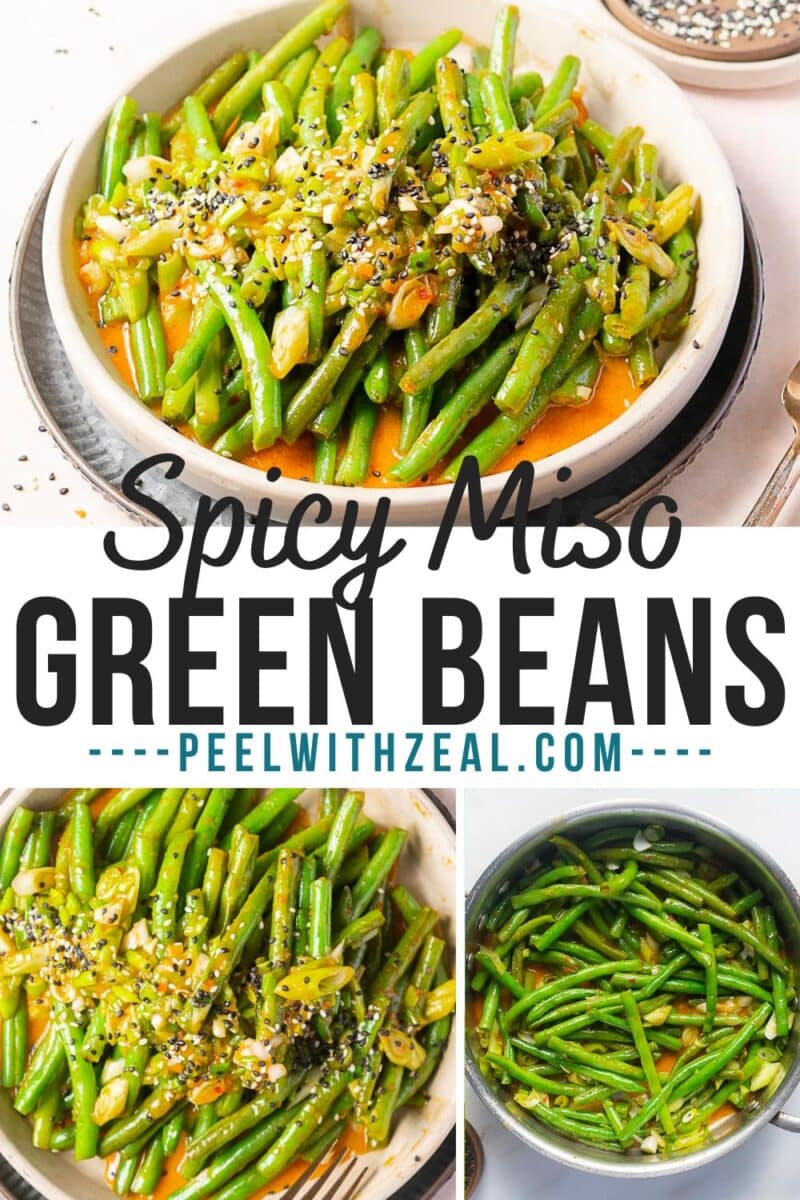 A bowl of miso green beans tossed in a spicy sauce, garnished with scallions and sesame seeds