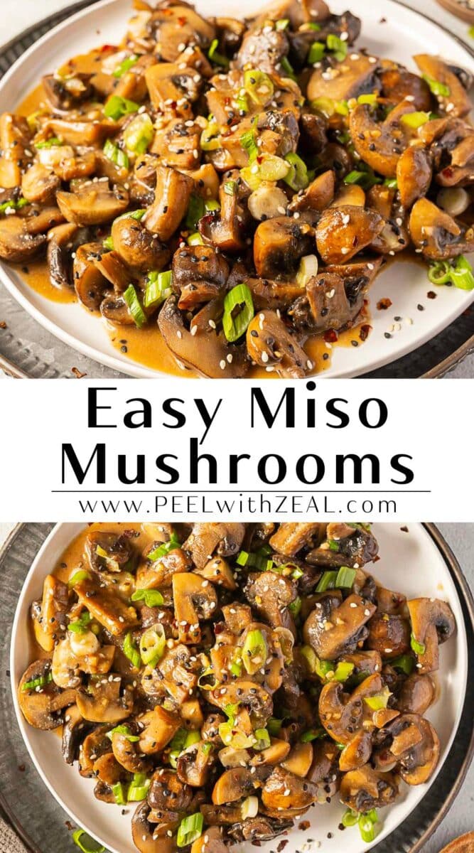 Plates of savory miso mushrooms garnished with green onions and sesame seeds