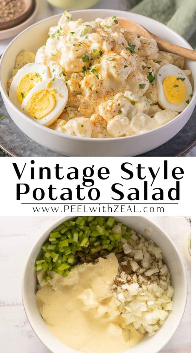 Two images of old-fashioned potato salad: the top bowl showcases a creamy creation garnished with eggs and herbs; the bottom one reveals chopped ingredients and dressing in a white bowl, ready to be mixed.