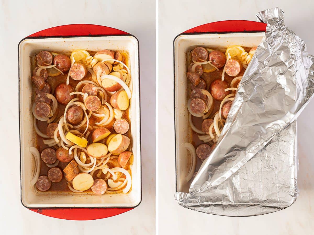 Two side-by-side images of a baking dish containing sliced sausage, potatoes, and onions; the right image shows the dish being covered with aluminum foil.