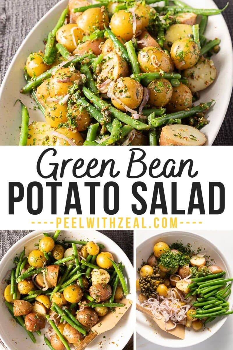 A vibrant green bean potato salad with fresh herbs, featuring crisp green beans, tender small potatoes, sliced shallots, and a sprinkle of chopped herbs arranged beautifully in bowls.