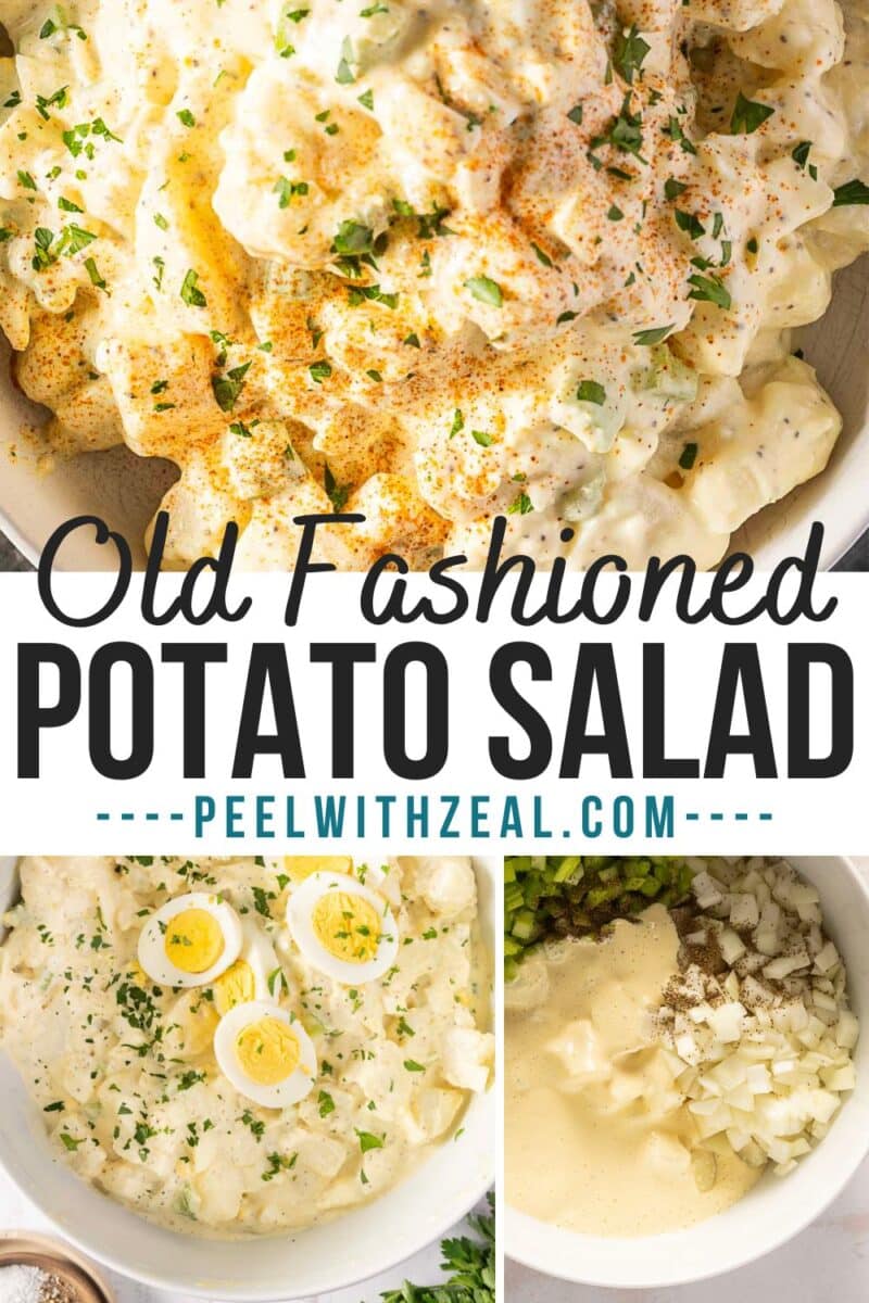Image collage of classic old fashioned potato salad with text overlay. Features a close-up of creamy potato salad topped with paprika and herbs, alongside images showing traditional ingredients like eggs and onions.