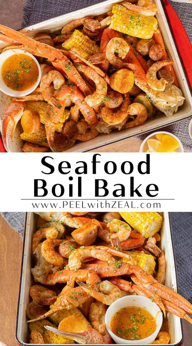 A tray of seafood bake with crab legs, shrimp, sausage, corn, and potatoes in seasoned broth, garnished with lemon wedges.