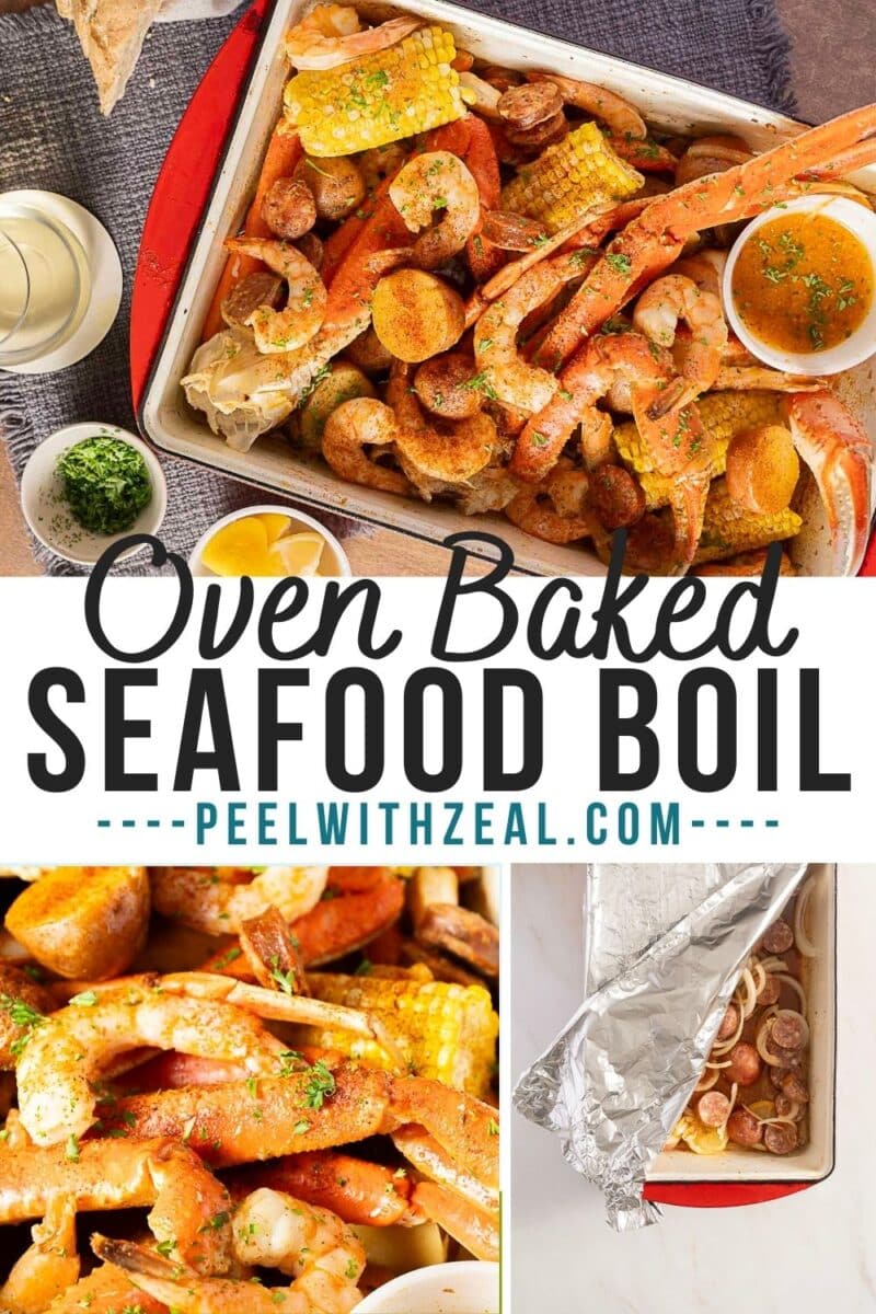 A baking dish filled with a delicious seafood bake, including crab legs, shrimp, corn, and potatoes, served with lemon wedges, parsley, and sauce on the side.