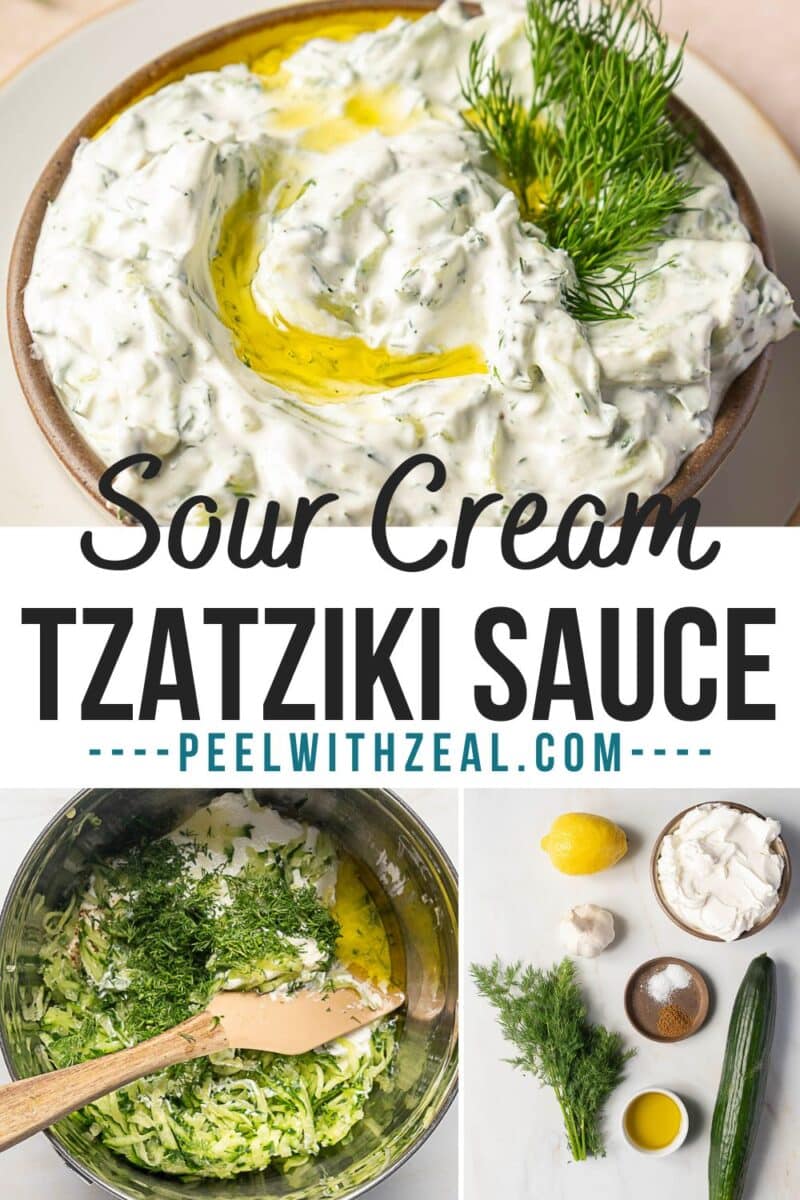 A bowl of creamy Tzatziki Sauce with Sour Cream, garnished with fresh dill and surrounded by cucumber, lemon, and garlic.
