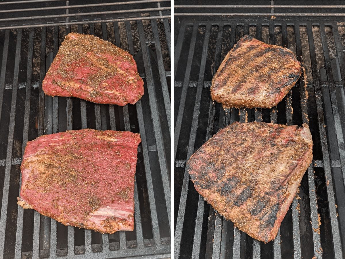 Two seasoned pieces of meat on a grill; left side shows raw steak, right side shows meat cooked with visible grill marks.