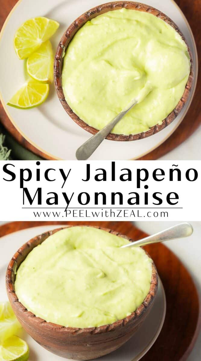 Two bowls of creamy green jalapeno mayo with metal spoons, garnished with lime wedges on the side.