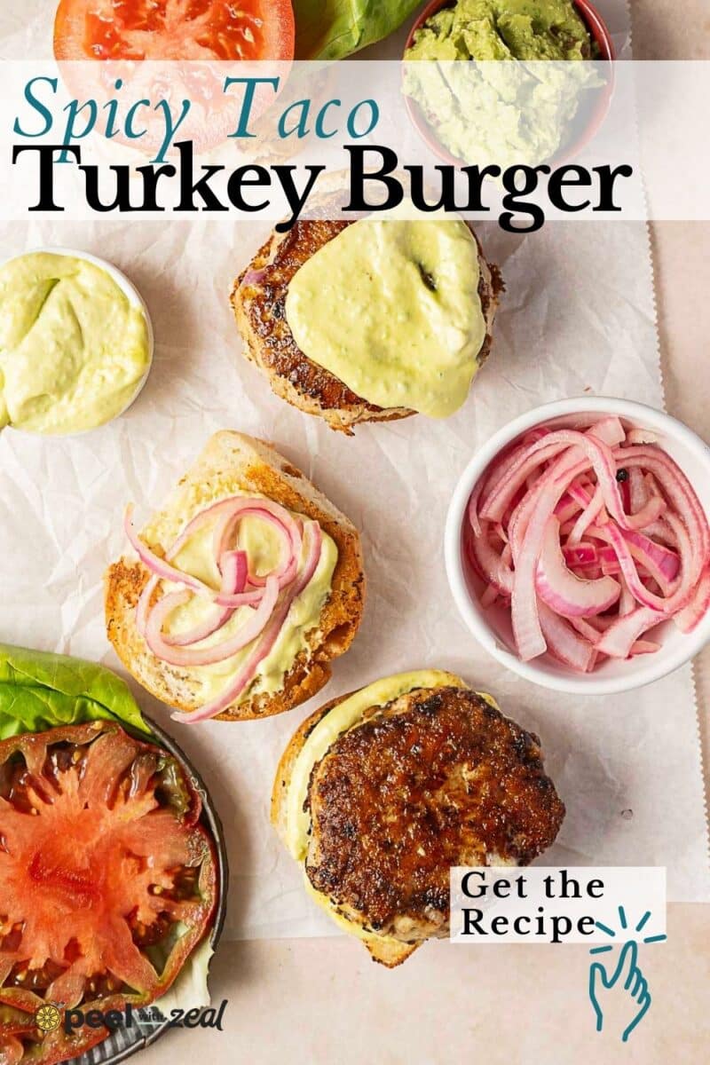 Overhead view of turkey burger patties on buns with avocado sauce, sliced tomato, guacamole, and pickled onions, accompanied by text promoting spicy turkey burger recipes.