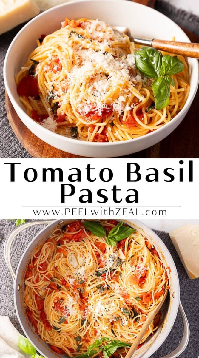 Two bowls of Tomato Basil Pasta topped with grated cheese and fresh basil leaves are shown on a table alongside a wooden spoon and a block of cheese.