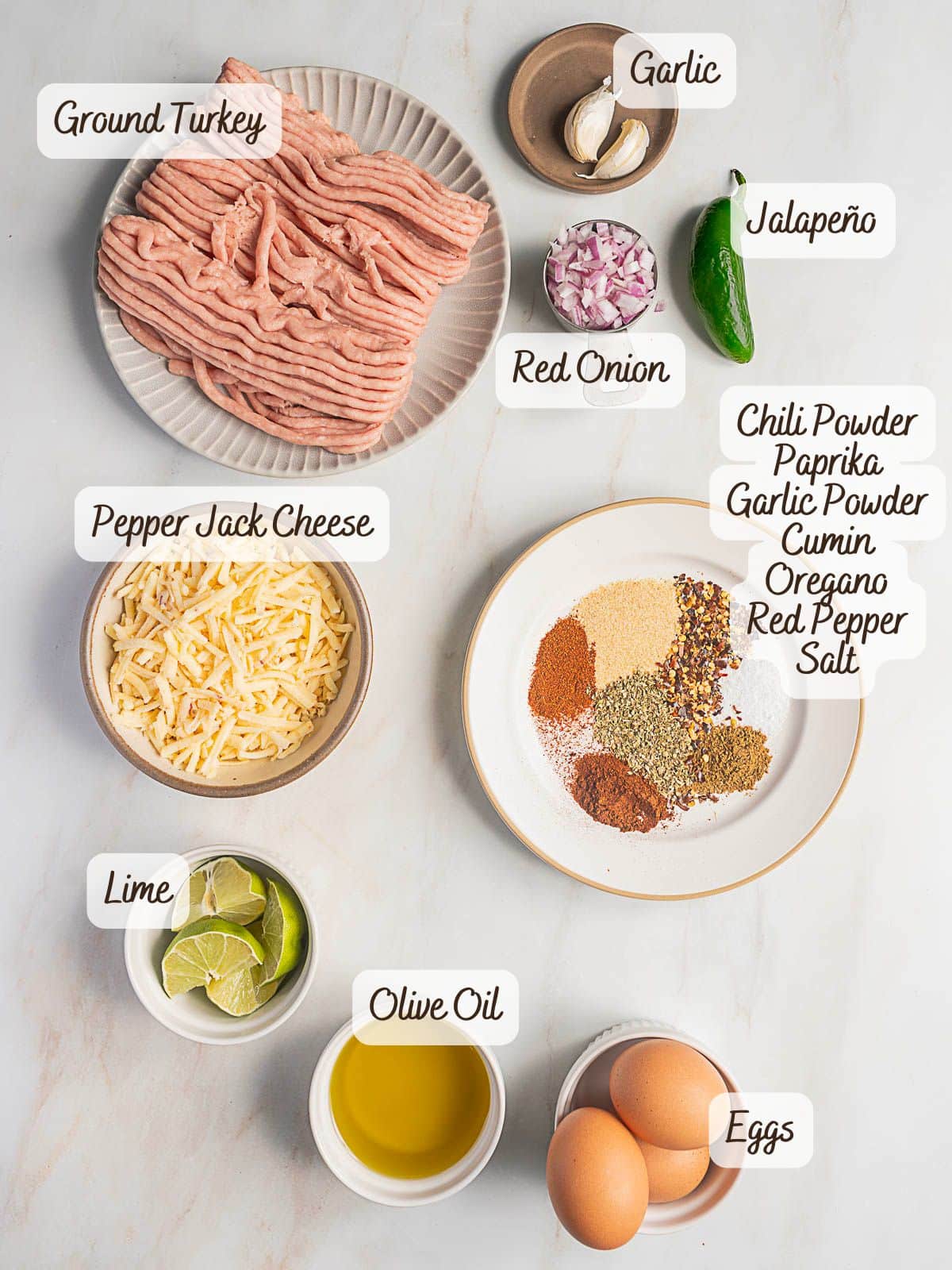 Flat lay of labeled ingredients, perfect for spicy turkey burger recipes, including ground turkey, eggs, pepper jack cheese, olive oil, lime, red onion, garlic, jalapeño, and assorted spices on a light surface.