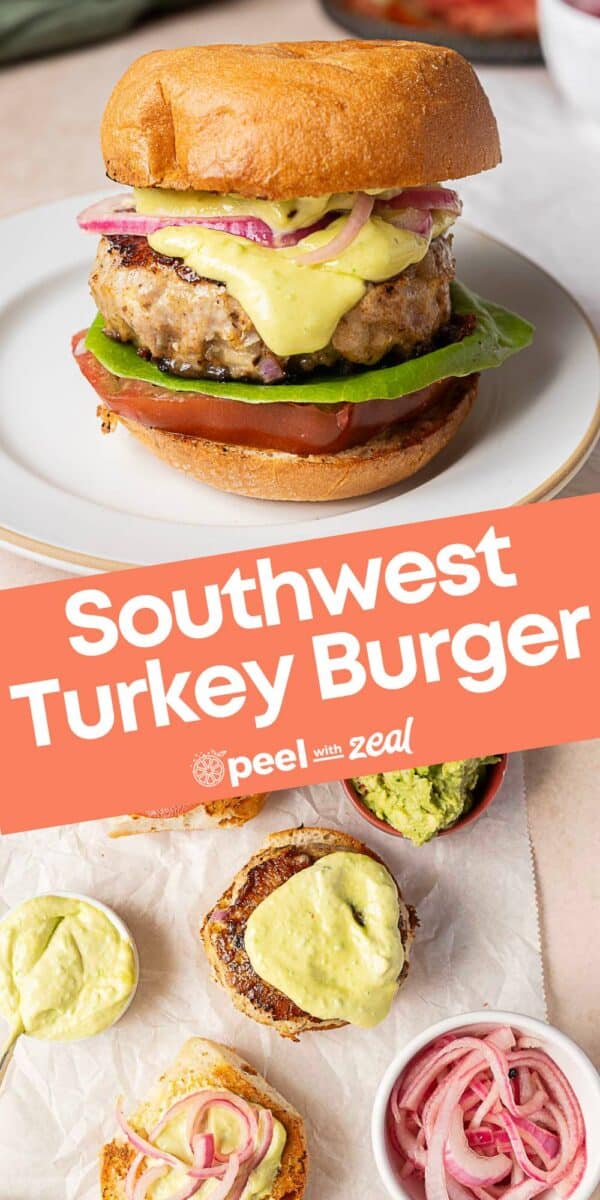 A Southwest spicy turkey burger with sliced tomato, green pepper, pickled onions, and sauce on a bun—perfect for fans of spicy turkey burger recipes, shown plated and in preparation with toppings.