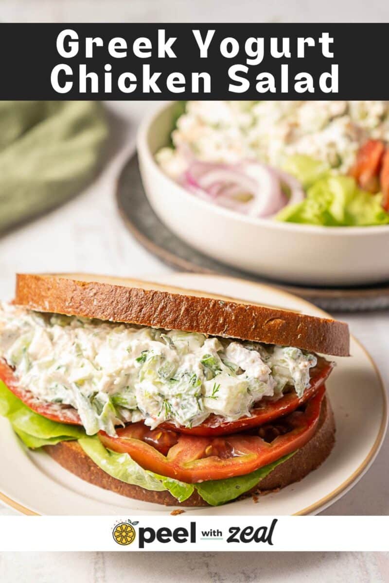 A Tzatziki chicken salad sandwich with lettuce and tomato sits on a plate, with a bowl of salad in the background.