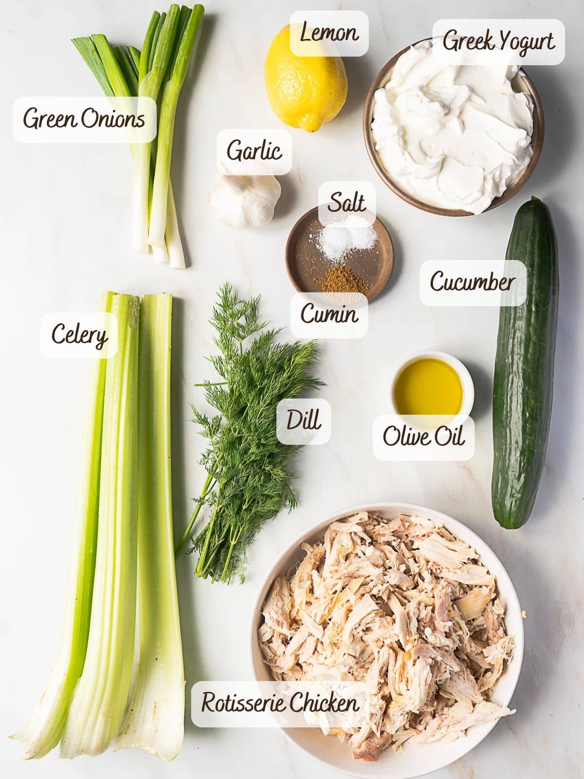Ingredients for a Tzatziki chicken salad: green onions, celery, dill, garlic, lemon, salt, cumin, Greek yogurt, cucumber, olive oil, and shredded rotisserie chicken.