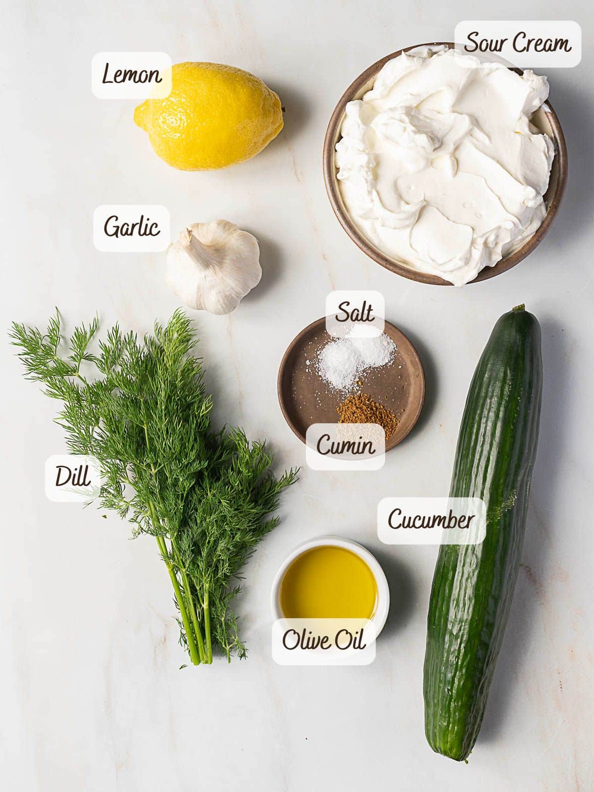 Ingredients for Tzatziki Sauce with Sour Cream are laid out on a white surface: lemon, garlic, dill, salt, cumin, olive oil, and cucumber.