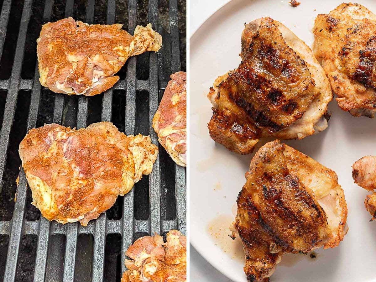 Raw, seasoned chicken thighs cooking on a grill, shown on the left; grilled, cooked chicken thighs served on a white plate, shown on the right.
