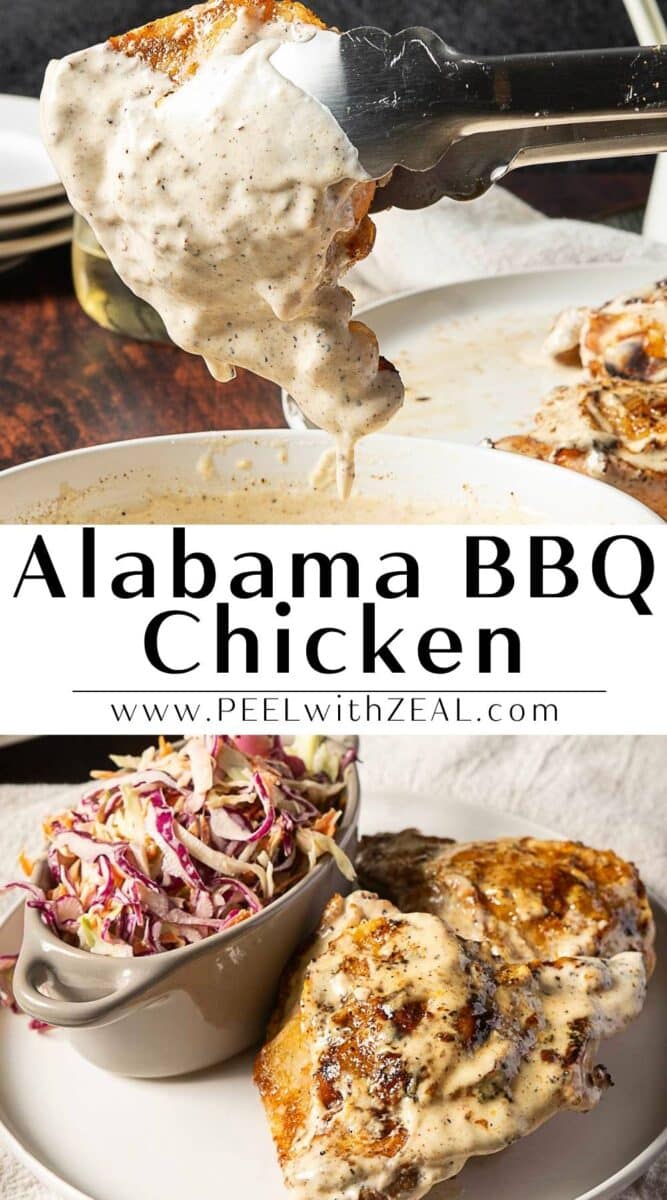 Grilled alabama chicken topped with white Alabama BBQ sauce, served with coleslaw in a small dish.
