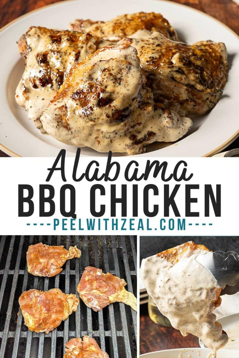 Grilled Alabama chicken pieces covered in a creamy white barbecue sauce, shown on a plate, on a grill, and being dipped in sauce.