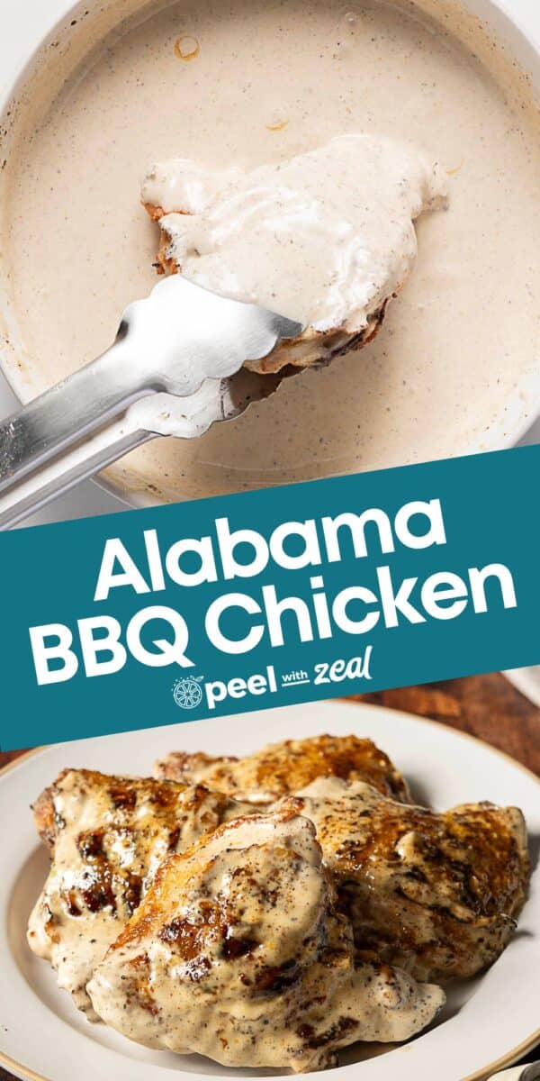 Chicken being dipped in creamy Alabama white BBQ sauce with tongs, and plated tender Alabama chicken covered in signature white sauce, labeled "Alabama BBQ Chicken.