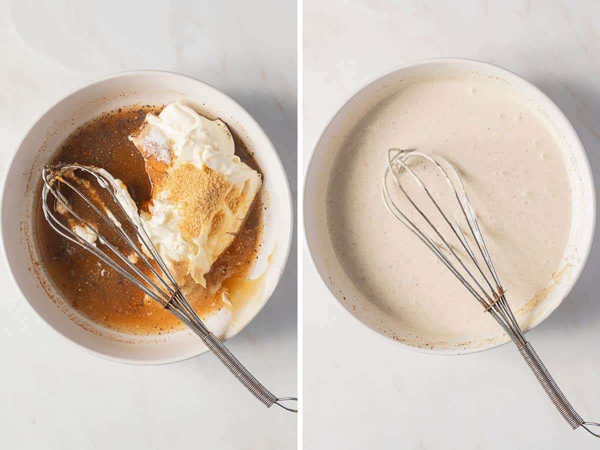 Two side-by-side bowls: the left shows unmixed ingredients with a whisk, the right shows the same mixture whisked smooth.