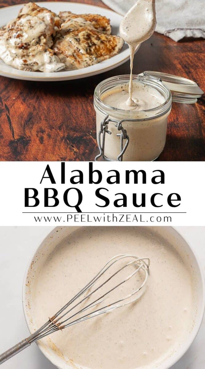Jar and bowl of creamy Alabama white sauce with a whisk, shown alongside grilled chicken on a plate.