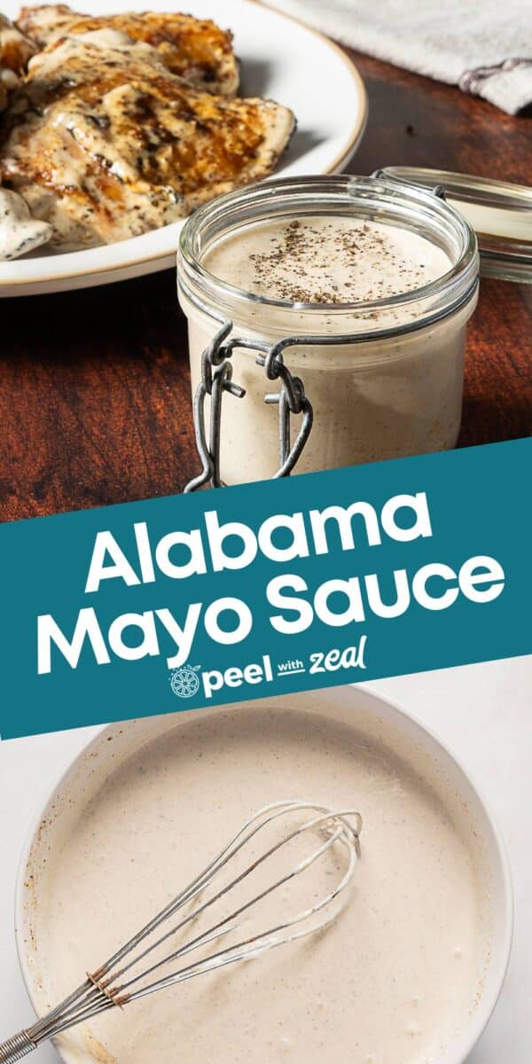 A jar and bowl of Alabama white sauce with a whisk, next to a plate of grilled chicken. Label reads "Alabama Mayo Sauce.